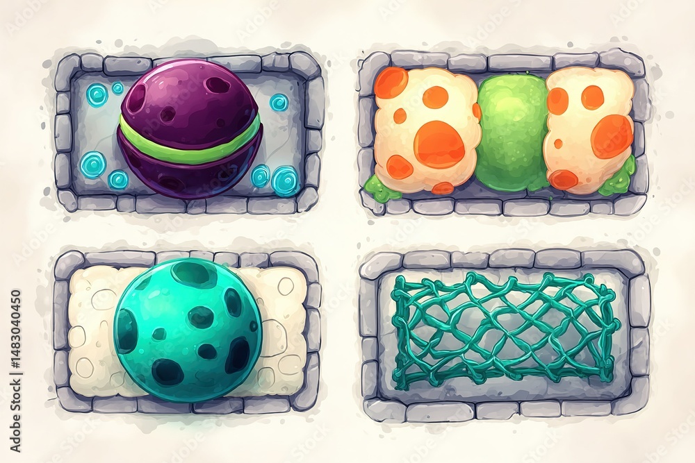 Aufkleber unique colored spheres and shapes arranged in creative patterns on a textured surface