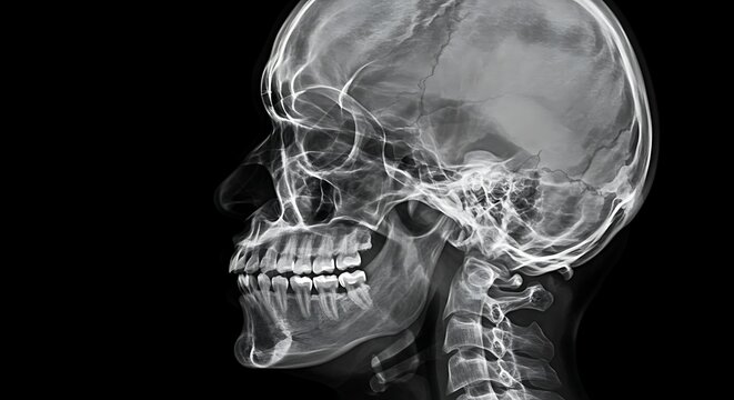 Detailed Human Skull X-ray This lateral view X-ray provides clear details of the skull's structure, ideal for medical education and anatomical studies.