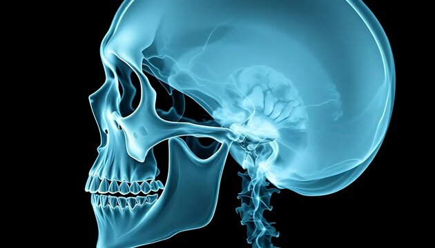 Detailed Human Skull X-ray This lateral view X-ray provides clear details of the skull's structure, ideal for medical education and anatomical studies.