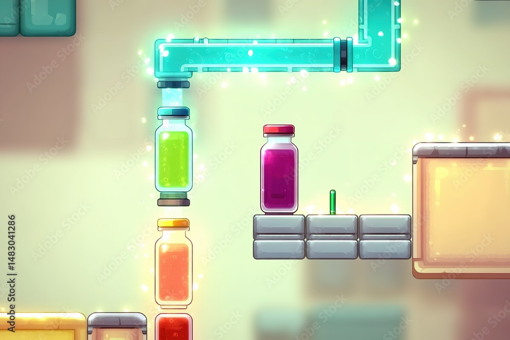 Aufkleber brightly colored liquids interact in a playful puzzle environment with pipes and platforms