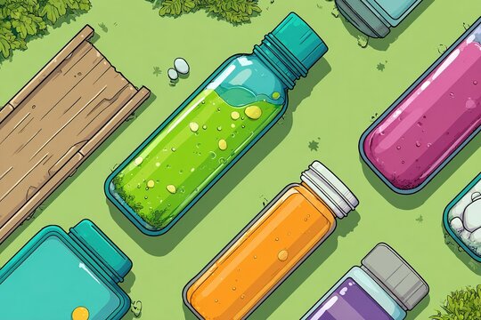 Colorful potion bottles laid out on grass with wooden fence in a whimsical outdoor setting during bright daylight