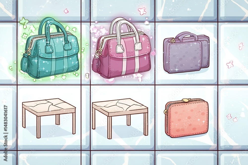 Poster stylish bags and furniture items displayed in a colorful grid layout during a creative design sessio