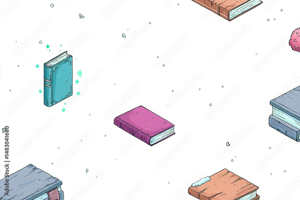 Poster colorful floating books in a whimsical winter scene with gentle snowfall and sparkling magic element