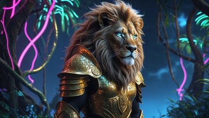 Fototapeta premium Majestic Lion in Golden Armor, Futuristic Digital Jungle, Glowing Eyes, Cinematic Fantasy Art