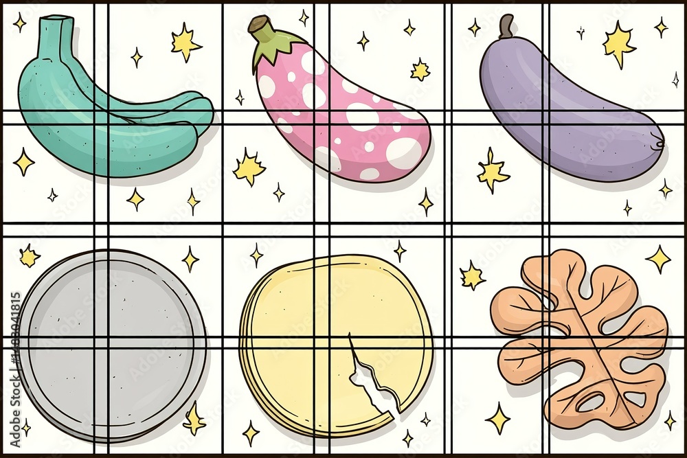 Poster colorful playful illustrations of vegetables and objects in a grid layout with stars surrounding the