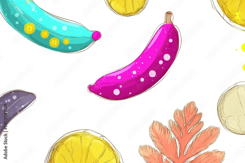 Poster colorful banana and tropical fruit patterns create a vibrant and playful design suitable for various
