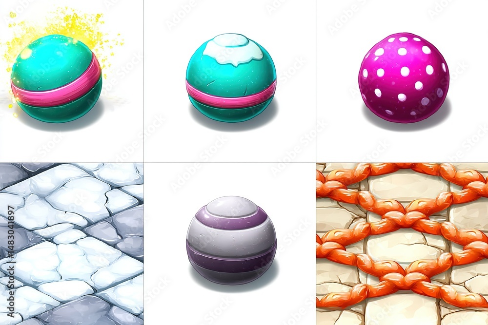 Poster colorful decorative balls arranged in a grid showing different designs and textures in an artistic d