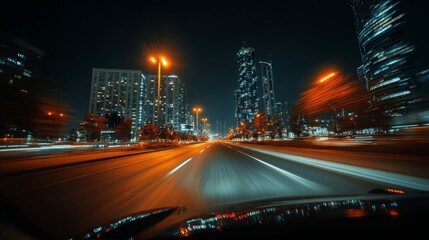 Side view of speeding car driving at 200 km/h on city highway at night with motion blur, glowing windows, tall skyscrapers and warm orange streetlights streaking past, cinematic dynamic urban scene