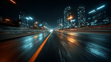 Naklejka premium Side view of speeding car driving at 200 km/h on city highway at night with motion blur, glowing windows, tall skyscrapers and warm orange streetlights streaking past, cinematic dynamic urban scene
