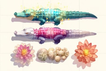Colorful digital illustration showcases crocodiles and lotus flowers in a creative and artistic design