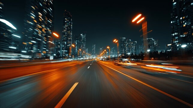 Side view of speeding car driving at 200 km/h on city highway at night with motion blur, glowing windows, tall skyscrapers and warm orange streetlights streaking past, cinematic dynamic urban scene