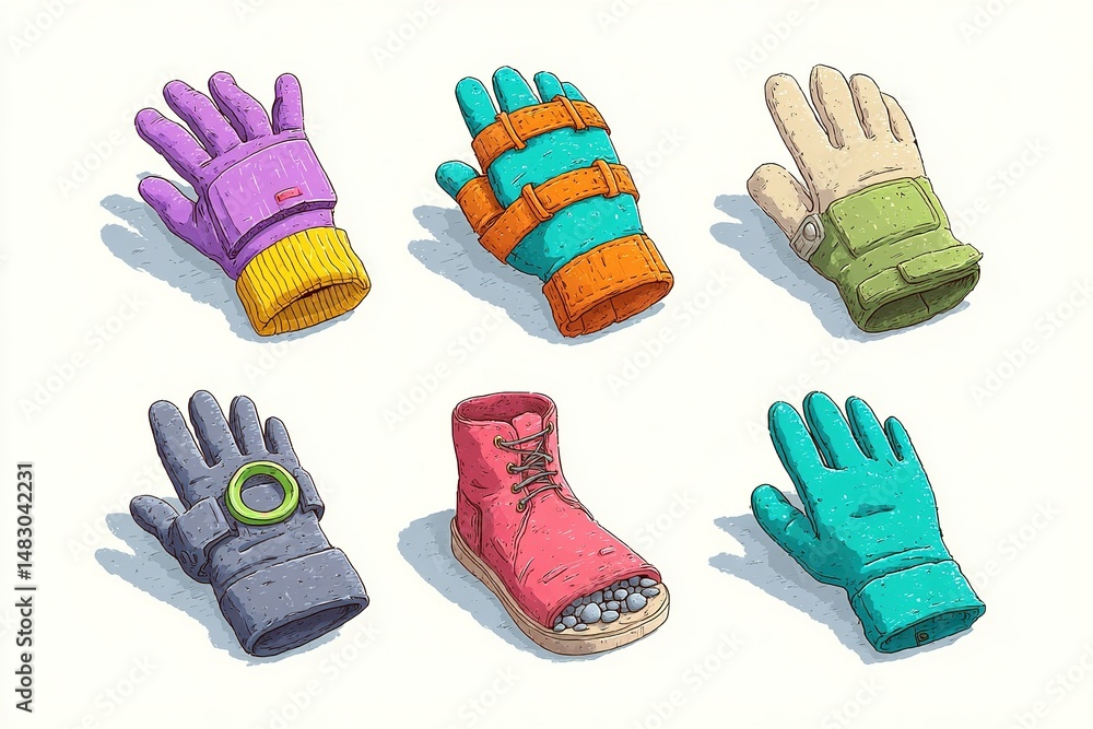 Poster colorful gloves and a unique boot displayed creatively on a light background