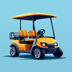 Fototapeta premium Bright orange golf cart parked against a blue backdrop in a sunny outdoor setting