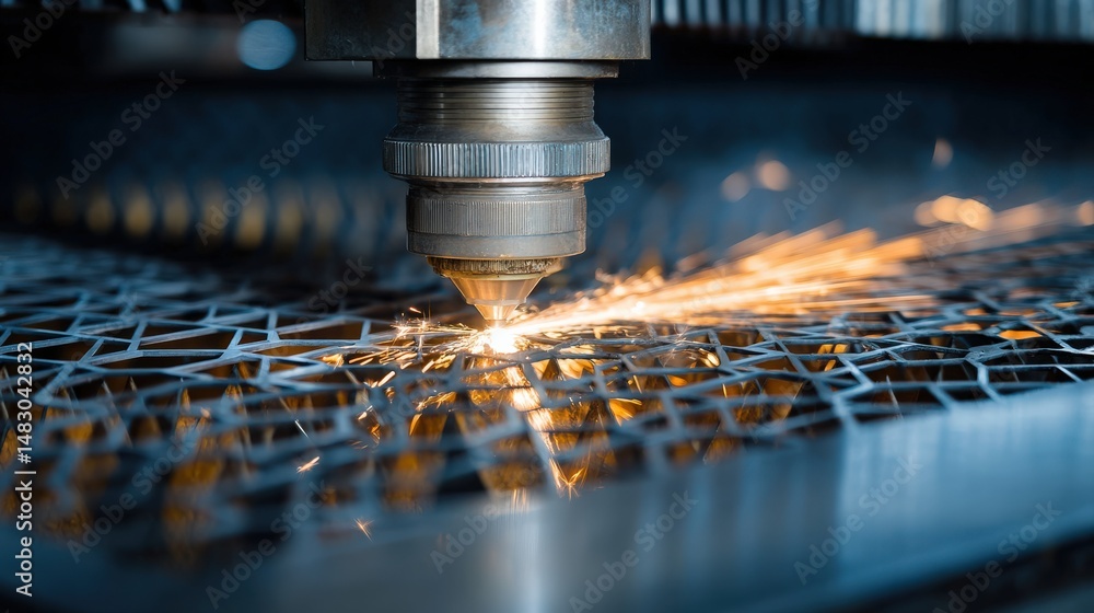Poster a laser cutting machine precisely slices metal, producing vivid sparks and intricate patterns on a m