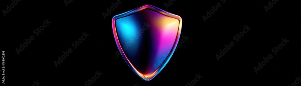 Poster a sleek, multicolored shield icon with a glossy gradient effect on a black background.