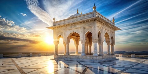 Serene Sunset Illuminates Elegant Marble Pavilion with Intricate Archways and Golden Domes