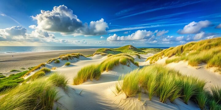Aerial View of Texel Dunes National Park, Sunny Day, De Koog, Netherlands - Drone Footage