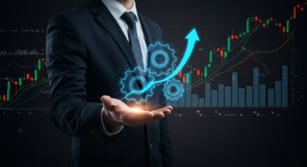 Man Holding Gears with Upward Arrow and Business Chart
