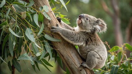 Sweet baby koala clinging to eucalyptus tree, showcasing its adorable features and playful nature. lush green leaves create vibrant backdrop, enhancing charm of this delightful scene