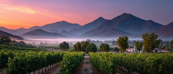 Vineyards embrace at tranquil sunrise mountains afar