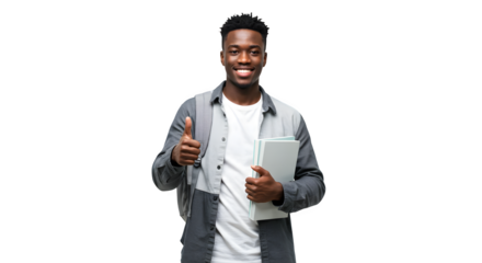 Smiling African young male student holding a book and showing thumbs-up sign, isolated on transparent background