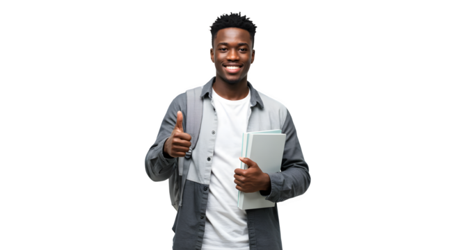 Smiling African young male student holding a book and showing thumbs-up sign, isolated on transparent background - Powered by Adobe