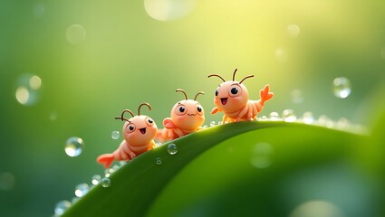 Naklejka premium Three Little Shrimp on a Leaf: A whimsical illustration features three adorable little shrimp perched on a lush green leaf, with raindrops sparkling around them.