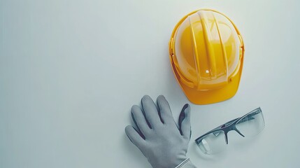 Yellow Hard Hat Safety Gloves Protective Glasses Construction Site Workplace Industrial Equipment Professional Safety Gear        