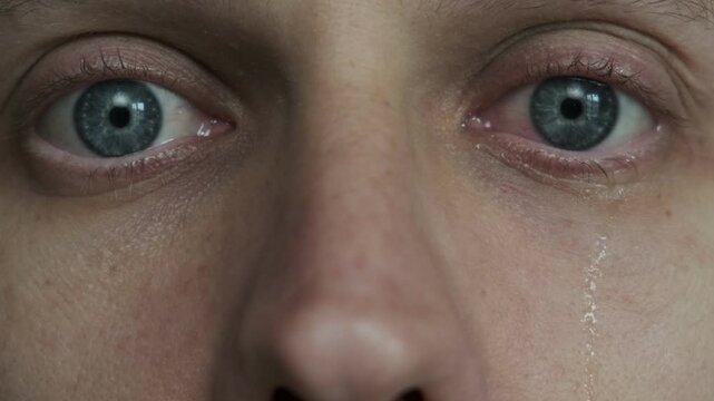 Close-up Eye of Depressed Man Crying With Tears. Male Suffering from Depression, anxiety or other Treatable Disorders.