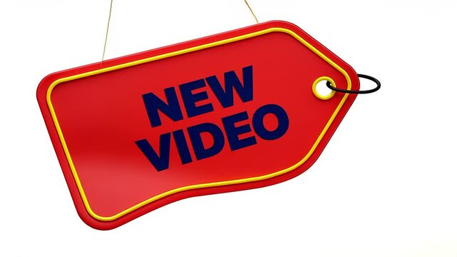 Bright red tag with bold text announcing a new video, set against a clean white background