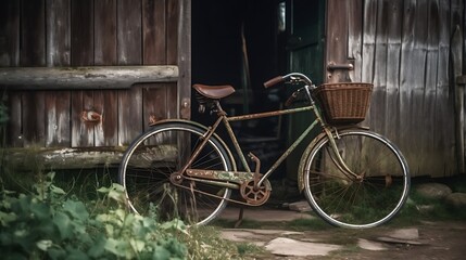 Old bicycle by barn door.