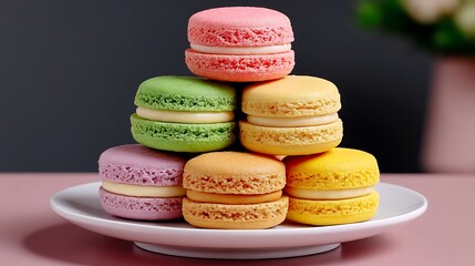 Fototapeta premium Colorful Macarons Pyramid on Pink Table.