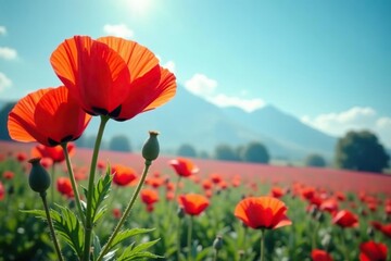 Obraz premium Bold, overlapping poppy blooms in vibrant hues , botanical, surface pattern