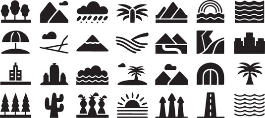 Vector Icon Collection of Mindian Landscapes — Perfect for Travel Apps, Nature Projects, Scenic UI Design, Digital Maps, Eco Branding, and Minimal Outdoor Illustrations