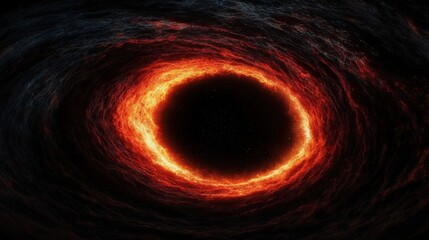 A fiery, glowing ring surrounds a dark center, resembling a black hole or cosmic vortex in deep space.