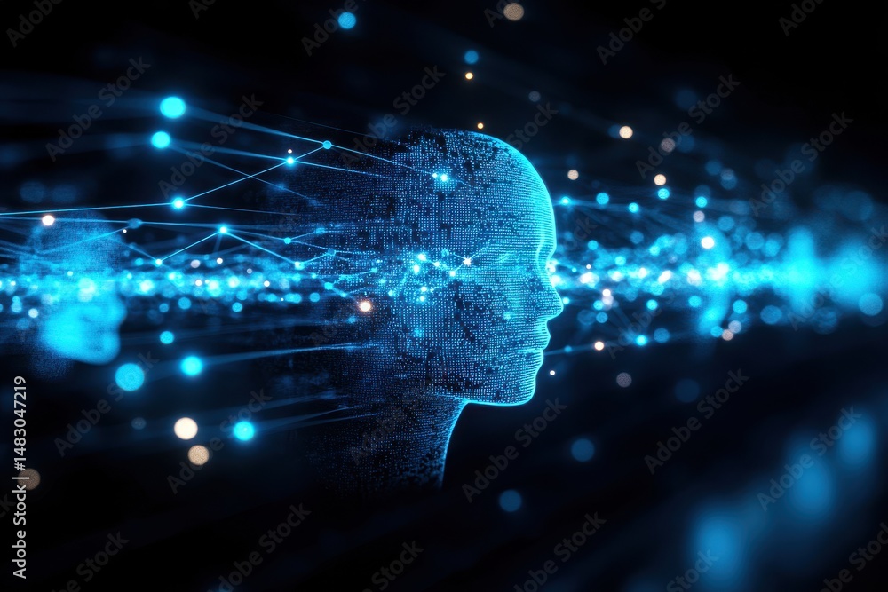 Poster ethereal human silhouette within networks of glowing dots and lines in futuristic digital landscape 