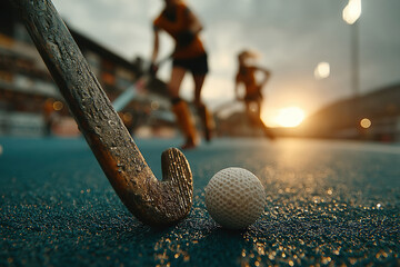Indoor hockey field at dusk, focused on used ice skates and a glistening white ball Three blurred players in dark uniforms with yellow and black team logo are mid-action in the backgro - AI-Generated