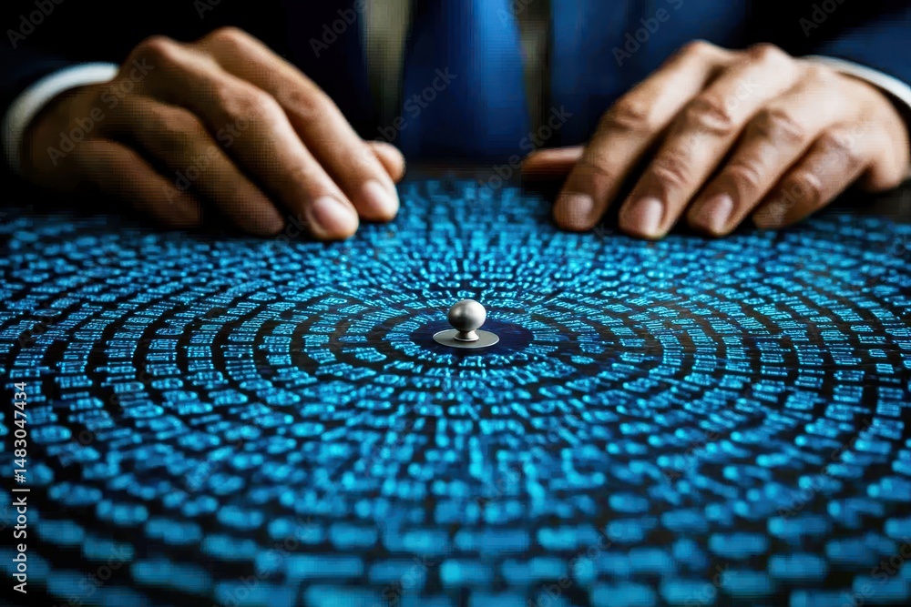 Poster hands of a business professional analyzing data on a digital interface with a pearl in the center, r