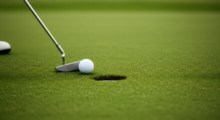 Close-up view of a golf club striking a white golf ball on lush green grass, with a hole visible in the background, capturing the essence of the golfing experience