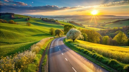 Fototapeta premium Serene Country Road Winding Through Verdant Hills at Sunset, Bathed in Golden Light