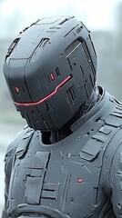 Futuristic person wearing geometric dark suit and helmet with red lines. Abstract design