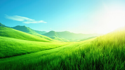 Lush green rolling hills landscape under a bright clear blue sky with sunlight