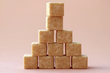 Stacked Brown Sugar Cubes Arranged in a Pyramid Shape on a Soft Pink Background for Culinary and Food Photography