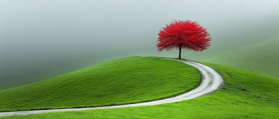 A vibrant red tree sits atop a green hill, a winding path leading up to it in misty weather