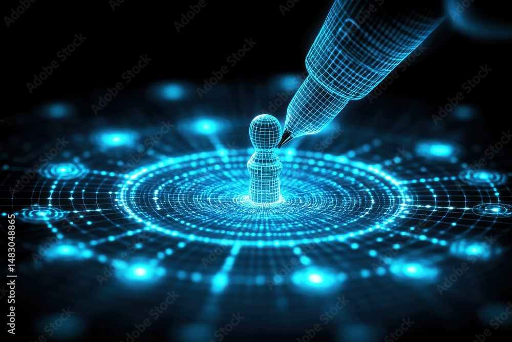 Poster digital representation of a pen creating a holographic figure surrounded by glowing circles, depicti