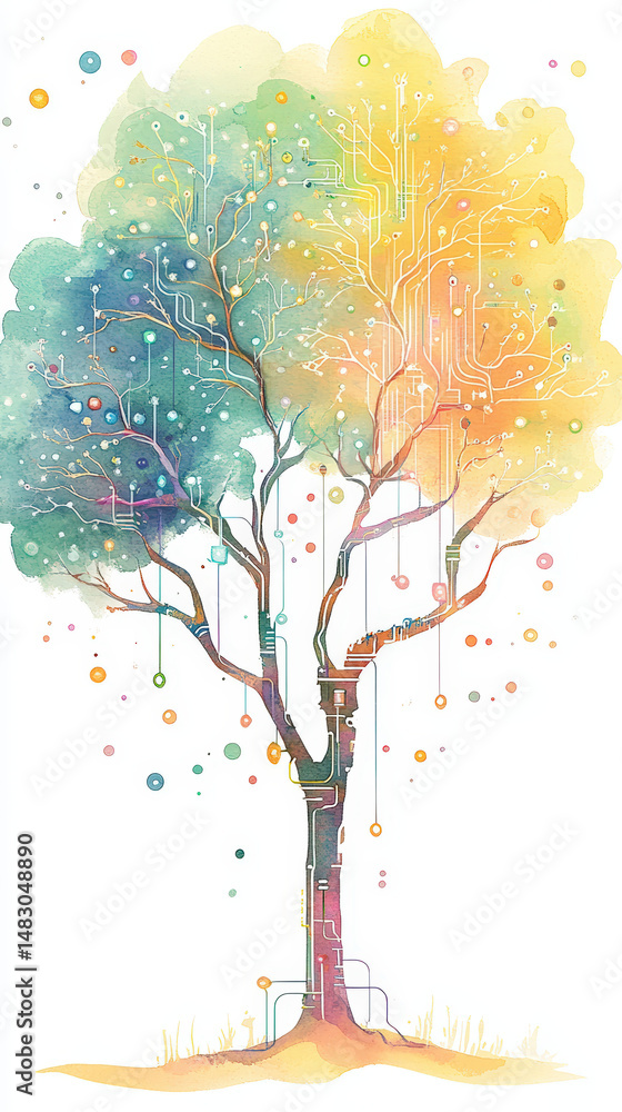 Poster watercolor circuit tree. a watercolor depiction of a tree with an integrated circuit design within i