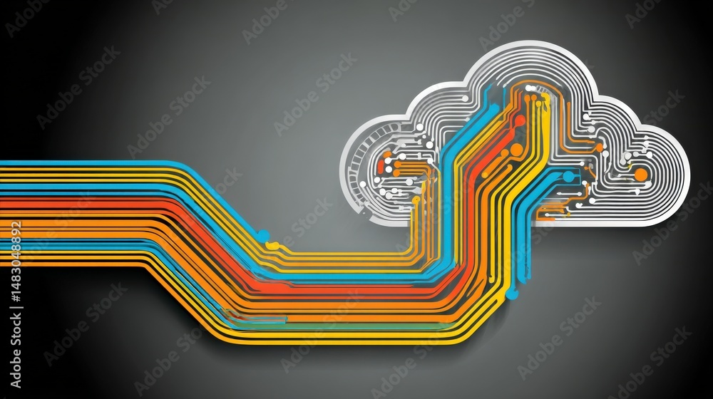 Poster a stylized cloud with colorful circuit lines symbolizes cloud computing and modern digital technolog