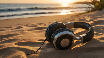 Headphones resting on sandy beach at sunset with waves in the background