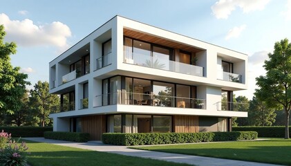 Modern Estonian apartment building with minimalist design, showcasing sleek lines and large windows , estonian architecture, modern building