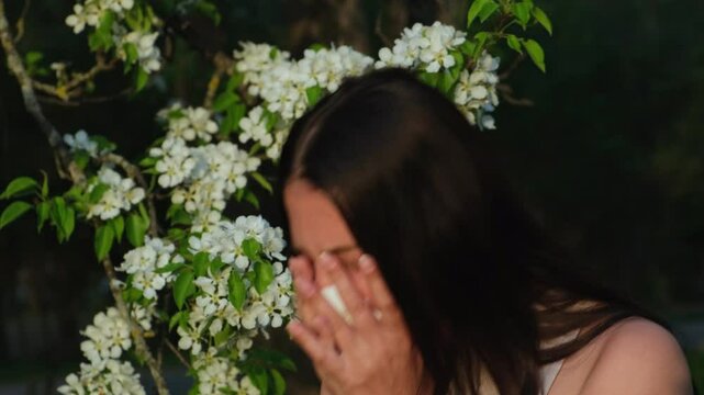 Woman with Hay Fever Blowing Nose in Nature. Spring Allergy Symptoms. Sneezing and Runny Nose. Allergic Reaction to Pollen. Sick Female Using White Napkins. Seasonal Allergy